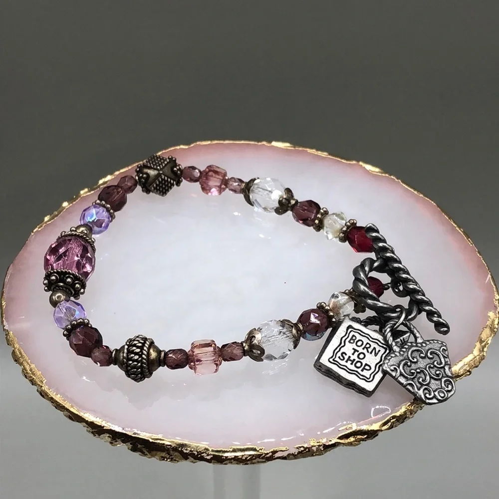 BORN to shop crystal pewter charm bracelet toggle clasp vintage 90’s